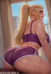 1boy 1girls ai_generated amiral_ai aroused ass big_ass big_breasts blonde_female blonde_hair blue_eyes blush breasts cowgirl_position dark-skinned_male dolphin_shorts fit_female fit_male huge_ass ino_yamanaka light-skinned_female makeup naruto naruto_(series) naruto_shippuden penetration penis pink_lips ponytail pov purple_shirt purple_shorts sex shiny_skin short_shorts sitting_on_person sweat tank_top thick_thighs thighs