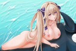 afloat anchorage_(azur_lane) azur_lane blonde_hair breasts completely_nude hairband highres large_breasts long_hair looking_at_viewer lying navel nipples nude on_side ponytail purple_hairband red_eyes teaoe winged_hair_tie