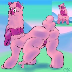 anthro black_fur breasts c2d2 camelid centaurworld color digital_media_(artwork) ear eyelashes female fluffy fluffy_tail furry huge_ass huge_breasts llama looking_at_viewer looking_back nude_female pink_fur presenting purple_body scut_tail shaded smile solo two_tone_body vagina wammawink