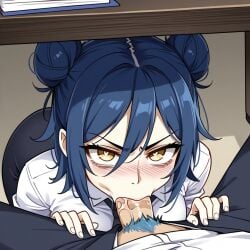 1boy 1girls ai_generated angry_face angry_fellatio blowjob blowjob_face blowjob_under_table blue_frog blue_hair fellatio fellatio_under_table hair_buns office_lady original_characters pubic_hair selfcest stealth_fellatio under_the_table yellow_eyes
