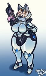 absurd_res anthro arturfox big_breasts breasts domestic_cat epic_games felid feline felis female fortnite hi_res katt_(fortnite) machine mammal robot solo thick_thighs weapon white_body