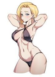 1girls android_18 arms_behind_head athletic_female belly_button bikini black_bikini blonde_hair blue_eyes blush blush_lines blushing bracelet dragon_ball dragon_ball_z hands_behind_head looking_at_viewer medium_breasts navel short_hair silver_bracelet tomboy zquung