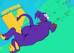 abstract_colors anthro arrow_pointing_to_butt ass bandai_namco big_butt bodily_fluids digimon digimon_(species) ducktape_lizard_inc explicit_text feet gaming hi_res impmon looking_at_viewer lying male nintendo on_front slightly_chubby solo solo_focus super_nintendo sweat sweaty_butt sweaty_feet thick_thighs