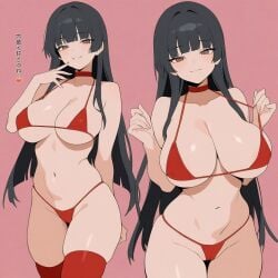 ai_generated bikini black_hair choker large_breasts light-skinned_female solo_female thighhighs