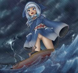 :d alloyrabbit animal_hood blue_eyes blue_hair blush boat cleft_of_venus cloud cloudy_sky collarbone commentary dutch_angle english_commentary female fishing_line from_below gawr_gura gawr_gura_(1st_costume) giant giantess highres hololive hololive_english hood lightning long_hair no_panties open_mouth outdoors pussy rain shark_hood sharp_teeth sky sleeves_past_fingers sleeves_past_wrists smile storm teeth underwear uvula virtual_youtuber water watercraft waves