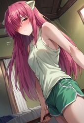 1female 1girls ai_generated bangs bed bedroom blush blushing_at_viewer breasts commentary_request elfen_lied english_commentary female female_only hair_over_one_eye hi_res highres indoors light-skinned_female light_skin lucy_(elfen_lied) medium_breasts normal_breasts one_eye_obstructed pink_hair pink_hair_female room solo solo_female