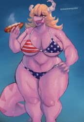 2024 2_horns 5_fingers absurd_res american_flag_bikini anthro artist_name bedroom_eyes big_breasts big_tail bikini black_eyes blonde_hair blue_background breasts broken_horn cass_(simplifypm) chili_dog claws clothed clothing curvy_figure deadassspider digital_drawing_(artwork) digital_media_(artwork) dragon female finger_claws fingers flag_bikini food hair hand_on_hip hand_on_own_hip hi_res horn hot_dog huge_breasts huge_hips huge_thighs long_hair long_tail looking_at_viewer mythological_creature mythological_scalie mythology narrowed_eyes open_mouth open_smile pink_body pink_scales scales scalie seductive sharp_teeth simple_background skimpy skimpy_bikini smile snout solo swimwear tail teeth thick_thighs tongue tongue_out two-piece_swimsuit voluptuous watermark wide_hipped_female wide_hips yellow_sclera