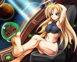 barefoot blonde_hair blue_eyes breast breasts cramous feet female foot_hold human metroid metroid_(creature) nintendo samus_aran soles toes