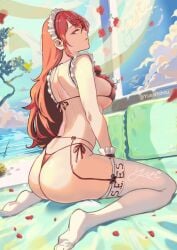 1girls 2d 2d_(artwork) ass ass_focus atlus bare_arms bare_ass bare_back bare_shoulders bare_thighs beach beach_background bed bedroom_eye bedroom_eyes big_ass big_ass_(female) bikini bikini_bottom bikini_top bracelet eyelashes female female_only high_quality light-skinned_female light_skin long_hair maid maid_bikini maid_gloves maid_headdress mitsuru_kirijo persona persona_3 red_bikini red_bikini_bottom red_bikini_top red_eyes red_hair rose_petals seaside servant sideboob stockings stockings_thigh_highs sunlight sunlight_rays thick_thighs thighhighs underboob white_stockings white_thighhighs yusi_vishnu