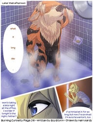 2012 anthro arcanine balls blue_eyes burning_curiosity canine comic dialogue elan english_text fox furry gay girly herraardy incest male ninetales no_humans nude pokemon pokemon_(species) scy_storm sheath shower text tyson_(arcanine)