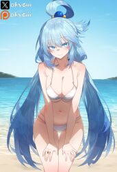 1girls ai_generated akyoi aqua_(konosuba) beach bikini blue_eyes blue_hair breasts closed_mouth female female_only hair_ornament hand_on_thigh kono_subarashii_sekai_ni_shukufuku_wo! konosuba solo standing very_long_hair white_bikini