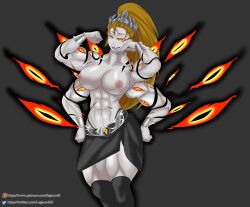 2d 4_arms abs big_breasts blonde_hair breasts_out eyes fangs grey_body legaco monster_girl multi_arm multi_limb muscular muscular_female oc ponytail smiling tattoo