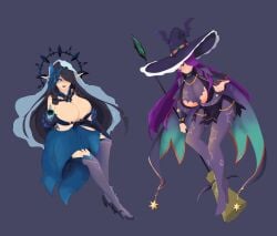 2d 2girls ass big_breasts black_hair blue_eyes breasts cleavage cosplay date_a_live elf_ears light-skinned_female long_hair natsumi_(date_a_live) original_characters purple_hair red_eyes thighs tobiichi_origami witch witch_costume witch_hat