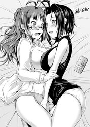 2girls akizuki_ritsuko bed beer blush breast_press breasts can cleavage clothing female fingering fingering_through_panties glasses idolmaster long_hair lying miura_azusa multiple_girls on_side open_clothes open_mouth open_shirt panties short_hair smile symmetrical_docking underwear yokoyama_naoki yuri