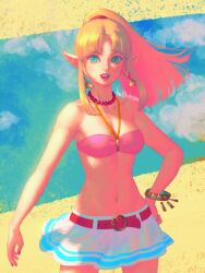 1girls a_link_between_worlds bead_necklace bellhenge belt beltskirt bikini blonde_hair blue_eyes bracelet breasts earrings looking_at_viewer medium_breasts midriff navel necklace nintendo pink_bikini pink_swimsuit ponytail princess_zelda skirt swimsuit the_legend_of_zelda triforce_earrings white_skirt zelda_(a_link_between_worlds)