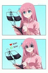 1girls 2d 2koma bikini_removed black_bikini blue_eyes bocchi_the_rock! comic embarrassed girls_reacting_to_bikini_(meme) gotou_hitori holding_clothes_hanger inkspirate meme nervous twitter_strip_game_(meme)