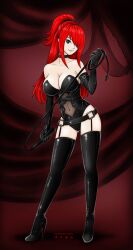 1girls alinasilver black_eyes black_leotard breasts choker dominatrix elbow_gloves garter_belt garter_straps gloves hair_over_one_eye high_heel_boots high_heels holding_whip large_breasts leotard looking_at_viewer original ponytail red_hair thighhigh_boots whip