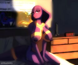 2025 absurd_res alarm_clock anthro areola artist_name bed bedding bedroom big_breasts biped breasts clock colored dildo drawers female fingers front_view furniture hi_res humanoid_hands inside lego light looking_at_viewer meme ninjago nipples non-mammal_breasts non-mammal_nipples nude nude_anthro nude_female pillow pinup pose purple_body purple_scales pythor_(ninjago) red_eyes reptile scales scalie sex_toy sharkidly sitting snake solo sunlight text yellow_body yellow_scales