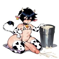 1boy ai_generated ass big_ass big_balls big_butt big_penis bottom_heavy brax_(artist) bucket bucket_of_cum cow_ears cow_horns cow_print cowbell cum cumming doomer_boy femboy hips hyper_ass shortstack smaller_male solo stable_diffusion tagme wide_hips