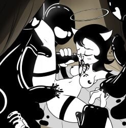 after_fellatio after_vaginal alice_angel angel arm_grab bendy_and_the_ink_machine black_and_white black_body black_hair blowjob fellatio gangbang gloved_handjob gloves gloves_only goo_creature halo handjob holding_legs ink legs_apart long_gloves medium_breasts monster monster_on_female mysaltisexposed on_back pale-skinned_female pale_skin penetration pinned_down slime slime_monster spotlight spread_legs thigh_highs vaginal_penetration vaginal_sex white_skin