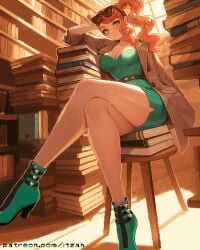 1female 1girls 2d 2d_(artwork) 2d_artwork aqua_dress aqua_eyes bare_legs boots breasts british british_female clothed clothing coat crossed_legs dress dress_lift european european_female female female female_focus female_only game_freak ginger ginger_hair glasses glasses_on_head green_eyes heart heart_symbol hips itzah large_breasts legs legs_together long_hair long_legs looking_at_viewer nintendo orange_eyebrows orange_hair pixel_(artwork) pixel_art pixelated pokemon pokemon_ss ponytail red_hair shiny shiny_skin short_dress smile smiling smiling_at_viewer solo solo_female solo_focus sonia_(pokemon) thick_thighs thighs tied_hair