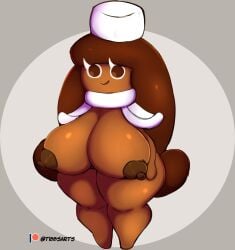 1girls almost_naked areolae big_breasts breasts brown_body brown_eyes brown_hair brown_skin cocoa_cookie cookie cookie_(cookie_run) cookie_run cookie_run_kingdom cookie_run_ovenbreak female female female_focus female_only food_creature food_humanoid hat long_hair marshmallow mob_face mostly_nude puffy_areola puffy_nipples simple_background smile standing thick_thighs thighs tibbs_arts