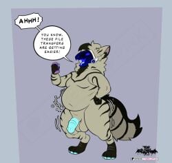 anthro belly beverage blue_penis fur genitals grey_body grey_fur hi_res machine male male_focus male_only mane overweight overweight_male pawpads penis potion_bottle protogen soda solo thewilldpink tiger_pattern visor