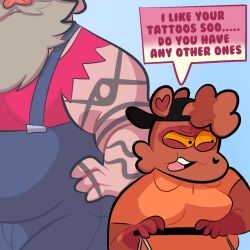 2boys anthro anthro_only anukkyt asking asking_a_question beard bearded bottom_(anukkyt) chubby chubby_anthro chubby_belly chubby_male comic comic_page english english_dialogue english_text fully_clothed fully_clothed_anthro fully_clothed_male furry furry_male furry_only gay gay_male male male_focus male_only nervous nervous_expression nervous_face nervous_male nervous_smile oc original_character original_characters size_difference speech_bubble speech_bubbles talking talking_to_another tattoo tattoo_on_arm tattooed tattooed_arm tattooed_male tattoos trucker_harold