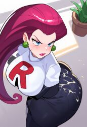 ai_generated blue_eyes cum cum_on_ass cumshot fat_lips from_above full_lips jessie_(pokemon) lipstick pink_hair pokemon semen team_rocket