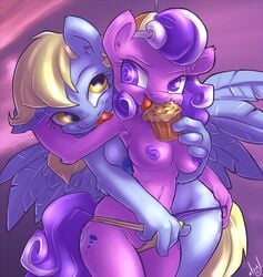 2012 amber_eyes anthrofied atryl blonde_hair cutie_mark derpy_hooves duo equine female friendship_is_magic hair hat horse licking muffin my_little_pony pegasus pony purple_eyes purple_hair pussy screwball_(mlp) tongue two_tone_hair wings