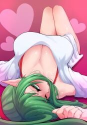 1girls blush cleavage fire_emblem fire_emblem_awakening green_eyes green_hair large_breasts looking_at_viewer lying_on_back lying_on_ground nintendo one_eye_closed sweat sweating tiki_(adult)_(fire_emblem) tiki_(fire_emblem) ttikhii