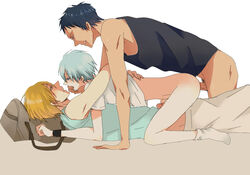 3boys anal aomine_daiki bag blonde_hair blue_eyes blue_hair blush bottomless covering_another's_mouth covering_mouth from_behind frottage gay grinding group_sex hand_over_another's_mouth hand_over_mouth handgag kise_ryouta kuroko_no_basuke kuroko_tetsuya male male_only matching_hair_and_eyes multiple_boys multiple_penises penis penises_touching sex sweat threesome uncensored yaoi yellow_eyes