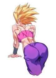 1girls ass_visible_through_clothes athletic_female back_view blonde_hair caulifla dragon_ball dragon_ball_super fit_female muscle_girl muscles muscular_arms muscular_back muscular_female pink_bra purple_pants solo solo_female spiked_hair spiky_hair super_saiyan zquung