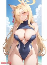 ai_assisted ai_generated allied_hyakkiyako_academy_student barely_contained_breasts beach beauty_mark blonde_hair blue_archive blush_lines blushing bubbleteexl clouds commentary_request english_commentary fox_ears fox_girl halo hourglass_figure kaho_(blue_archive) large_breasts long_hair looking_at_viewer mixed-language_commentary open_zipper sea seaside sky swimsuit thick_thighs wide_hips yellow_eyes yellow_hair yin-yang_club_(blue_archive)