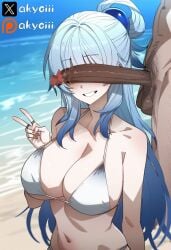 1boy 1girls ai_generated akyoi aqua_(konosuba) beach big_penis bikini blue_hair breasts cant_see_the_haters closed_mouth dark-skinned_male dark_skin female hair_ornament hand_on_thigh kono_subarashii_sekai_ni_shukufuku_wo! mosaic_censoring peace_sign penis penis_covering_eyes penis_over_eyes v v_sign very_long_hair white_bikini