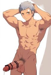 1boy akihiko_sanada censored erect_penis looking_at_viewer male_only masculine muscular naked_male persona persona_3 precum solo solo_male toned_male