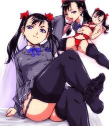 black_hair black_legwear blue_eyes bra breasts dildo feet female garter_belt garter_straps kamisimo_90 licking long_hair looking_at_viewer naughty_face navel nipples no_shoes original panties school_uniform skirt smile soles solo spread_legs thighhighs toes tongue tongue_out underwear