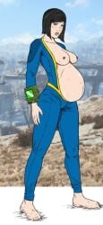 1girls 2d 2d_(artwork) barefoot better_parts_of_fucked_up_shit black_hair bob_cut breasts caucasian dark_hair exposed_breasts exposed_torso fair-skinned_female fair_skin fallout fallout_(series) female female_focus female_only fuccbou goth green_eyes jumpsuit nails_painted no_artist_signature no_source painted_nails painted_toenails pip-boy pregnant pregnant_belly pregnant_female scratches shiny_skin slave_collar slavegirl solo vault_girl vault_meat vault_suit