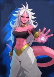 1girls abs android_21 android_21_(evil) arabian_clothes attack black_nails black_sclera bracelet collar dragon_ball dragon_ball_fighterz dragon_ball_z evil_smile fit_female harem_outfit imminent_attack incoming_attack jewelry majin_android_21 medium_breasts muscular_arms muscular_female open_mouth pink_skin pointy_ears red_eyes six_pack smile smiling smiling_at_viewer spiked_hair spiky_hair tail teeth white_hair