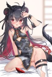 :p ahoge akahaneko black_dress black_hair blurry blurry_background blush bracelet breasts china_dress chinese_clothes chinese_zodiac cleft_of_venus clothing_cutout collar colored_inner_hair covered_navel crossed_bangs cup dragon_horns dragon_print dragon_tail dress facial_mark female half_updo highres horns jewelry leaning_to_the_side long_hair looking_at_viewer multicolored_hair nail_polish no_panties o-ring o-ring_thigh_strap oerba_yun_fang original purple_hair pussy red_eyes sakazuki single_thighhigh sitting slit_pupils small_breasts solo sweat tail thigh_strap thighhighs thighs tongue tongue_out very_long_hair year_of_the_dragon