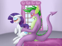 2012 bed blush closed_eyes cutie_mark dragon duo equine female feral friendship_is_magic green_eyes hair hasana-chan horn horse inside interspecies male my_little_pony open_mouth penetration pony purple_hair rarity_(mlp) reverse_cowgirl_position sex spike_(mlp) sweat unicorn