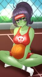 ball basketball basketball_uniform basketball_zombie_(pvz) black_hair breasts drat plants_vs_zombies plants_vs_zombies:_heroes ponytail popcap_games pvz short_shorts shorts tank_top tight_clothing undead v zombie zombie_(pvz) zombie_girl