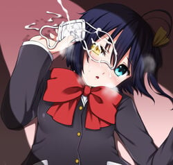 :o ahoge blazer blue_eyes blue_hair blush bow breasts breath chuunibyou_demo_koi_ga_shitai! cum cum_in_eyes cum_on_body cum_on_upper_body eye_patch eyepatch_removed facial female heterochromia highres looking_at_viewer lying on_back open_mouth ren_san school_uniform short_hair side_ponytail solo steam takanashi_rikka yellow_eyes