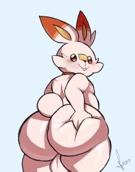 anthro ass balls belly big_butt digital_media_(artwork) femboy generation_8_pokemon genitals hi_res male nintendo obese obese_anthro obese_male overweight overweight_anthro overweight_male penis pokemon pokemon_(species) samirachuni scorbunny slightly_chubby slightly_chubby_anthro slightly_chubby_male smile smiley_face solo thick_thighs