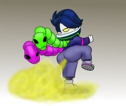 1boy black_clothing brawl_stars commission commissioner_upload dark_blue_hair edgar_(brawl_stars) fart fart_fetish green_clothing green_fart grey_pants grey_skin leg_lift male male_only pink_clothing purple_clothing serafim6394 simple_background snake yellow_eyes yellow_fart