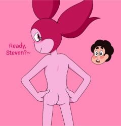 1boy1girl accurate_art_style alien alien/human alien_girl alien_humanoid alien_look_like_human arms_on_waist ass ass_cleavage back_view blood blush cartoony cheek_markings commentary couple cute dark_hair duo english_text female flat_colors floating_head fluffy_hair gem_(species) looking_back magenta_eyes magenta_hair male male/female naked naked_female no_bra no_panties no_underwear no_visible_genitalia nosebleed not_ai_generated nude nude_female pink_eyes pink_hair pink_skin pose posing red_hair round_ass simple_background simple_shading slim smile smiling_at_partner spinel_(steven_universe) standing star_eyes steven_quartz_universe steven_universe stevinel surprised_expression thin_female twintails twintails_(hairstyle)