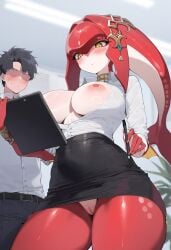 1boy 1girls ai_generated big_breasts blush breasts breasts_out breath_of_the_wild female female_focus half_ringo male mipha office_lady secretary solo_focus the_legend_of_zelda thick_thighs