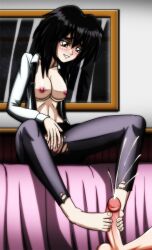 1girls artemis-polara artemispolara barefoot black_hair blush breasts cum cumming feet female foot_fetish footjob light_skin melfina nipples outlaw_star penis pussy rubbing_pussy short_hair torn_pantyhose