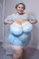 ai_generated bbw bbw_mom big_ass big_breasts bra cellulite cleavage cleavage_cutout elderly elderly_female granny hair_bun huge_breasts lace lace-trimmed_bra lace_trim mature mature_female puffy_short_sleeves puffy_sleeves sagging_breasts saggy_breasts short_skirt tiara transparent_clothing updo
