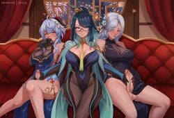 1girls 2futas balls big_breasts big_penis black_hair bottomless breasts clothing erection exlic female futa_on_female futanari ganyu_(genshin_impact) ganyu_(twilight_blossom)_(genshin_impact) genshin_impact glasses handjob hoyoverse human light-skinned_female light-skinned_futanari light_skin long_hair partially_clothed penis shenhe_(frostflower_dew)_(genshin_impact) shenhe_(genshin_impact) xianyun_(genshin_impact)